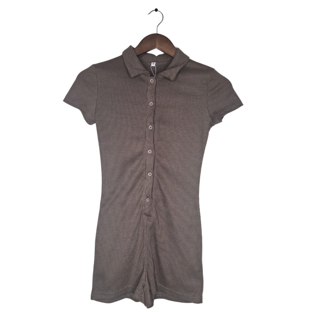 Brown Short Sleeve Button Up Ribbed Knit Romper